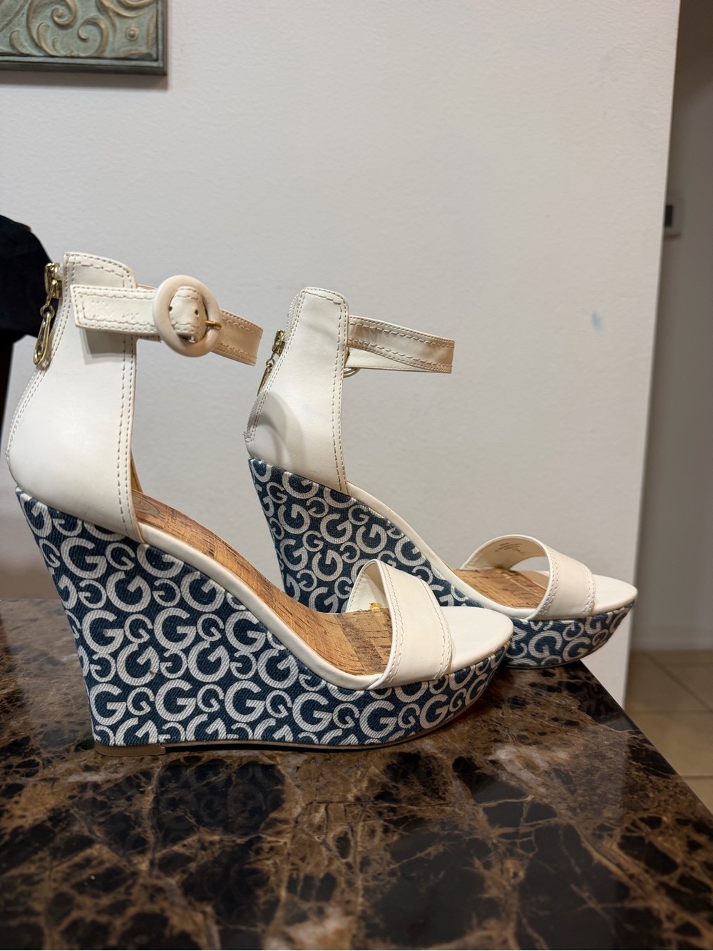 Guess White Ankle-Strap Wedge Sandals with Monogram Blue Platform